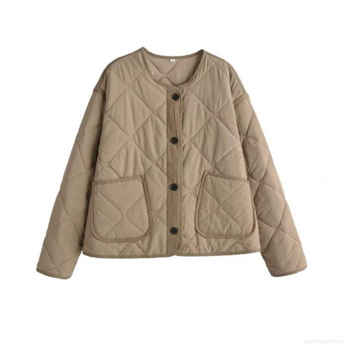 Women's Casual Diamond Quilted Jacket 100% Polyester Lightweight Padded Coat With Pockets Solid Camel Khaki Outwear Long Sleeve Loose Fit Jacket For Women