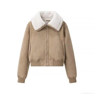Women's Faux Suede Fur Lined Bomber Jacket With Lamb Wool Collar Ribbed Hem Metal Zipper Casual Short Outwear For Winter