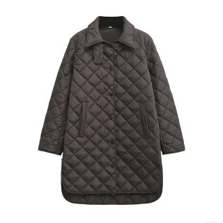 Women's 100% Cotton Diamond Quilted Long Coat Casual Lapel Single Breasted Warm Padded Jacket Loose Fit Winter Outerwear With Pockets