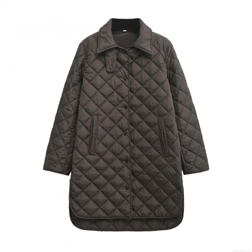 Women's 100% Cotton Diamond Quilted Long Coat Casual Lapel Single Breasted Warm Padded Jacket Loose Fit Winter Outerwear With Pockets