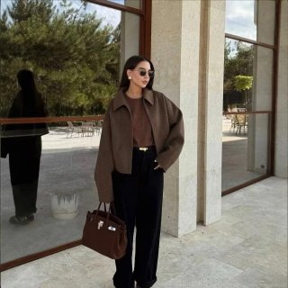 Women's Casual Short Woolen Jacket Fashion Zipper Lapel Long Sleeve Outwear For Autumn Winter Solid Color Loose Fit Coffee Coat