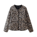 Women's Leopard Print Quilted Jacket Round Neck Single-Breasted Long Sleeve Lightweight Puffer Coat Autumn Winter Outerwear Chic Modern Fashion