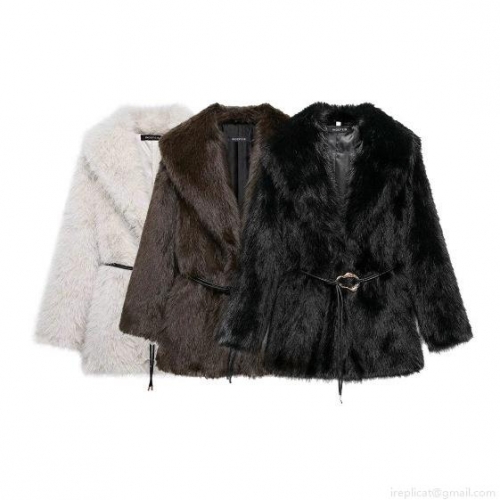 Women's Fashion Faux Fur Coat With Belt Turn-down Collar Long Sleeve Warm Winter Artificial Fur Jacket Streetwear Outwear