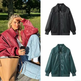 Women's Vintage Oversized PU Leather Jacket Contrast Stitching Locomotive Bomber Coat With Ribbed Cuffs Casual Loose Faux Leather Outerwear For Ladies