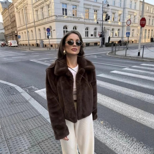 Women's Faux Fur Jacket Thick Warm Winter Coat Turn-down Collar Fluffy Outerwear Casual Solid Deep Brown Jacket For Women Fashion Plush Overcoat