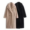 Women's Long Teddy Bear Coat Faux Sherpa Fleece Jacket Warm Winter Overcoat Double Breasted Lapel Loose Outwear Casual Streetwear Solid Color