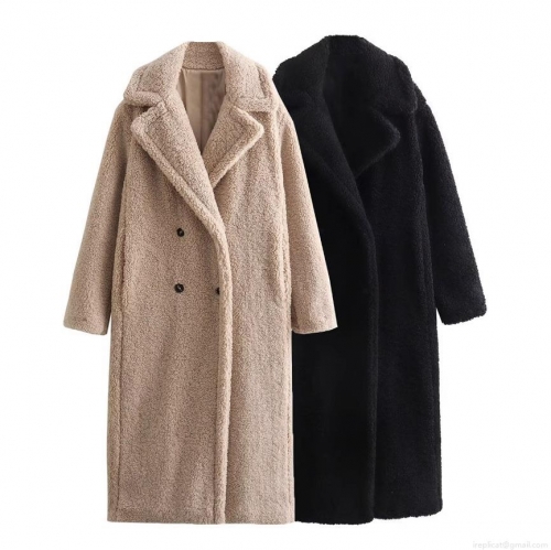 Women's Long Teddy Bear Coat Faux Sherpa Fleece Jacket Warm Winter Overcoat Double Breasted Lapel Loose Outwear Casual Streetwear Solid Color
