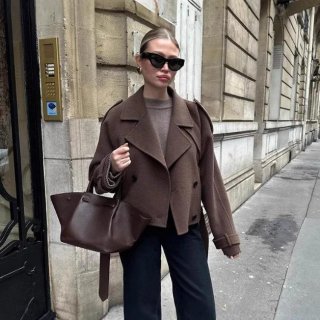 Women's Casual Wool Blend Coat Loose Lapel Double Breasted Jacket With Belt Fashion Commuter Outerwear For Autumn Winter