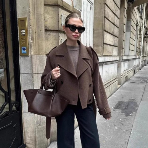 Women's Casual Wool Blend Coat Loose Lapel Double Breasted Jacket With Belt Fashion Commuter Outerwear For Autumn Winter