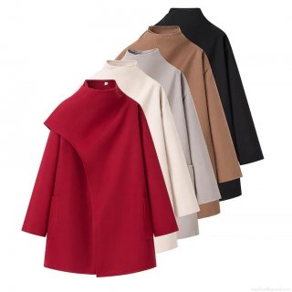 Elegant Women Woolen Style Overcoat Mid-Length Asymmetric Scarf Collar Loose Winter Cape Coat Solid Color Warm Casual Outwear