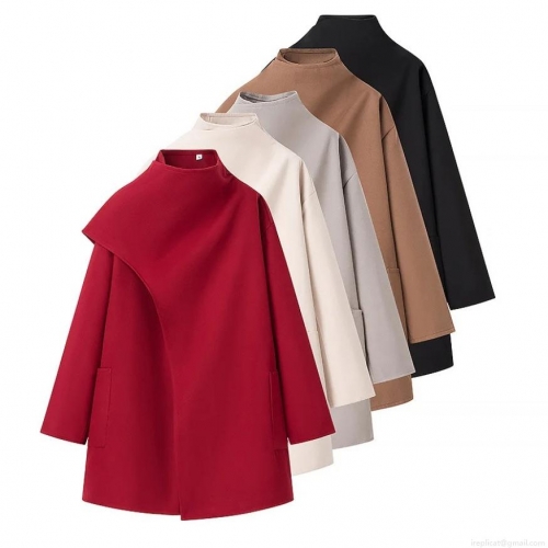 Elegant Women Woolen Style Overcoat Mid-Length Asymmetric Scarf Collar Loose Winter Cape Coat Solid Color Warm Casual Outwear
