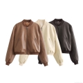 Women Retro PU Leather Bomber Jacket Short Casual Loose Zipper Flight Jacket Outerwear Long Sleeve Solid Color Moto Coat For Daily Wear