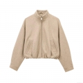 Women's Casual Wool Blend Bomber Jacket Loose Fit Stand Collar Zip Up Short Coat Oatmeal Beige Outwear Warm Streetwear Fashion Coat for Women