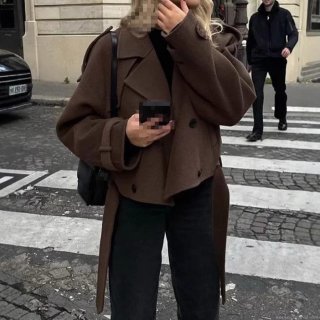 Women's Retro Elegant Polyester Wool Like Double Breasted Jacket Coat With Belt Lapel Collar Long Sleeve Casual Office Commuter Vintage Outerwear