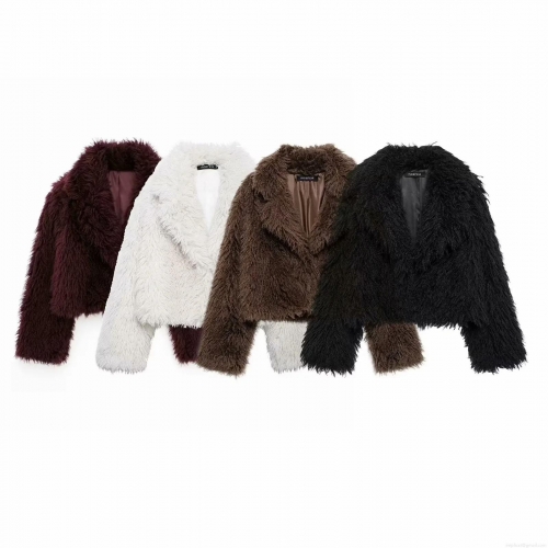 Women Faux Fur Coat Short Plush Jacket Elegant Lapel Long Sleeve Autumn Winter Warm Outwear Ladies Celebrity Style Solid Color Thick Top