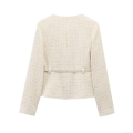 Elegant Women's Short Tweed Jacket With Belt And Gold Buttons Lapel Long Sleeve Cream White French Style Woven Outerwear Coat
