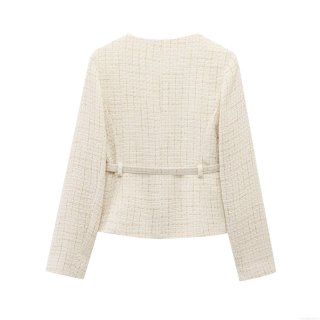 Elegant Women's Short Tweed Jacket With Belt And Gold Buttons Lapel Long Sleeve Cream White French Style Woven Outerwear Coat