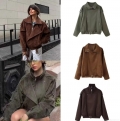 Women's Faux Suede Moto Jacket Vintage Short Workwear Coat With Belt Lapel Zipper Solid Color Long Sleeve Casual Outerwear For Women