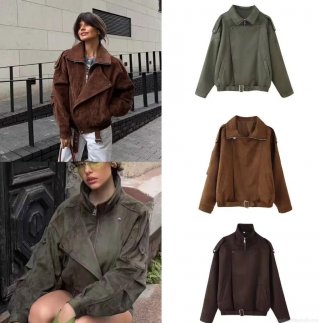 Women's Faux Suede Moto Jacket Vintage Short Workwear Coat With Belt Lapel Zipper Solid Color Long Sleeve Casual Outerwear For Women