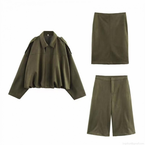 Women Fashion Faux Suede Bomber Jacket Vintage Short Moto Coat With High Waist Skirt And Wide Leg Shorts 3 Piece Set Casual Autumn Winter Solid Color Outwear