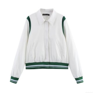 Women's Contrast Color Ribbed Baseball Jacket Regenerated Cellulose Fiber Loose Fit Zip Up Long Sleeve Outerwear Preppy Style Casual Bomber Jacket