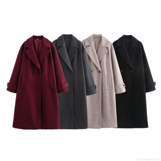 Women's Long Woolen Coat Elegant Double Breasted Polyester Overcoat Loose Fit Lapel Collar Winter Outwear With Pockets For Women Casual Streetwear Chic Warm Trench Coat