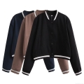 Women's Casual Varsity Jacket Loose Long Sleeve Baseball Bomber Jacket Polyester Woven Coat With Striped Ribbed Trim Button Down Outerwear For Streetwear Women