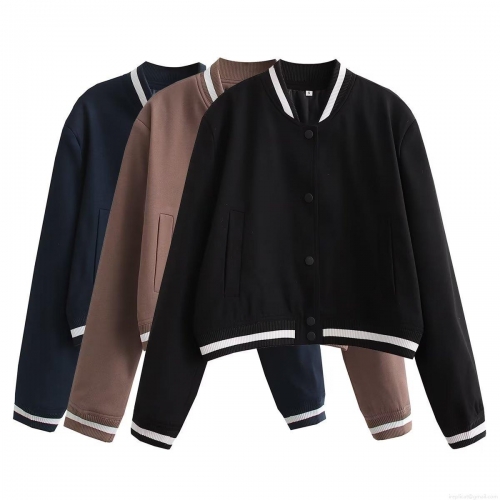 Women's Casual Varsity Jacket Loose Long Sleeve Baseball Bomber Jacket Polyester Woven Coat With Striped Ribbed Trim Button Down Outerwear For Streetwear Women