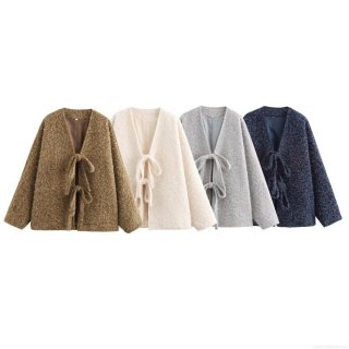 Women Plush Faux Fur Jacket Tie-Front Bow Cardigan Fleece Shaggy Solid Color Loose Fit Outerwear Autumn Winter Casual Elegant Long Sleeve Coat For Ladies