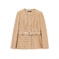 Women Luxury Champagne Gold Sequin Tweed Jacket With Metal Buckle Belt Elegant Round Neck Long Sleeve Short Outerwear For Party Social Socialite Style
