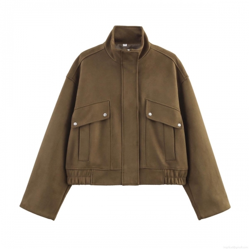 Women's Suede Fabric Jacket Short Stand Collar Solid Coffee Brown Zip Up Utilitarian Cargo Outerwear With Metal Buttons Long Sleeve For Autumn Winter Spring Fashion Casual Coat
