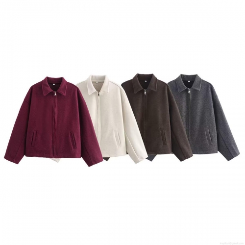 Women's Fashion Woolen Texture Jacket Lapel Zipper Short Coat Solid Color Casual Streetwear Outerwear For Autumn Winter Ladies Versatile Warm Jacket