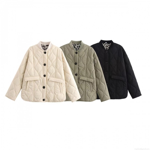 Women Quilted Jacket Leopard Lining Wave Pattern Ribbed Collar Button Down Padded Coat Vintage Loose Casual Outerwear For Autumn Winter