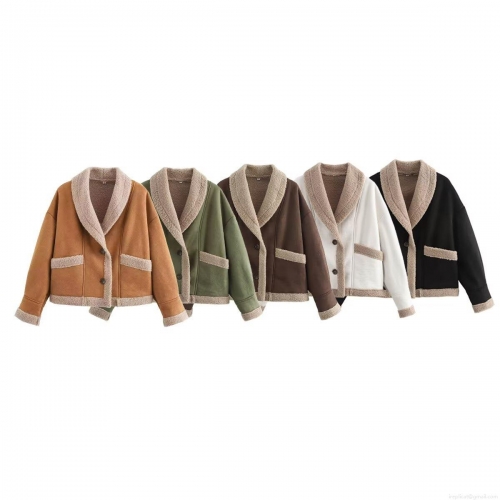 Women's Faux Suede Lamb Wool Jacket Contrast Trim Lapel Button Down Short Coat Warm Winter Outerwear Casual Vintage Style