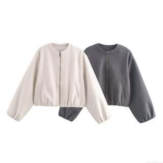 Women's Casual Loose Fit Bomber Jacket Round Neck Zipper Up Short Coat 100% Polyester Warm Soft Streetwear Outerwear With Pockets For Autumn Winter