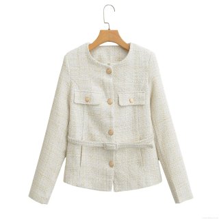 French Style Women's Tweed Jacket Elegant Belted Single Breasted Round Neck Outerwear With Gold Silk Thread For Autumn Spring Lady Fashion