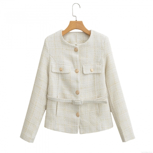 French Style Women's Tweed Jacket Elegant Belted Single Breasted Round Neck Outerwear With Gold Silk Thread For Autumn Spring Lady Fashion