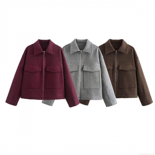 Women Retro Lapel Woolen Like Jacket Solid Color Short Coat With Large Flap Pockets Zipper Casual Loose Fall Winter Outerwear Top
