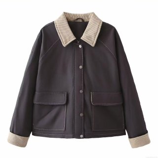 Women's Vintage Colorblock Patchwork Jacket Corduroy Trim Contrast Stitching Button Down Outerwear Loose Long Sleeve Short Coat With Pockets Casual Utility Jacket