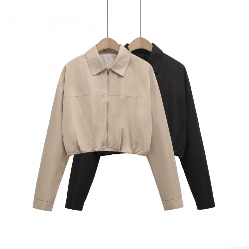 Women's Fashion Short Workwear Jacket Zip Up Long Sleeve Regenerated Cellulose Fiber Casual Loose Coat for Autumn Winter Women