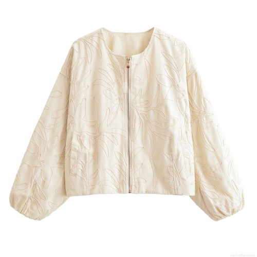 Women's Casual Leaf Embroidery Zipper Jacket Loose Puff Sleeve Polyester Cotton Blend Short Outerwear Coat For Spring Autumn