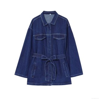 Women's Navy Blue Denim Jacket With Belt White Contrast Stitching Long Sleeve Lapel Collar Oversized Shacket Cotton Blend Outerwear Coat For Women