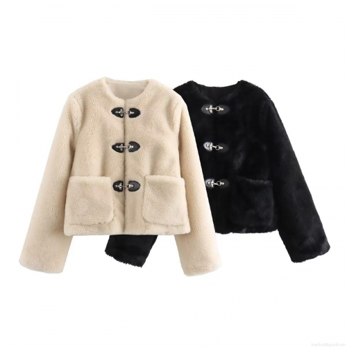 Women's Faux Fur Crop Jacket Warm Winter Coat With Metal Buckles Elegant Solid Color Long Sleeve Outwear For Casual Streetwear Party Ladies Fashion