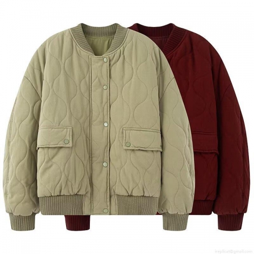 Women's Loose Wavy Quilted Flight Jacket Polyester Cotton Warm Padded Bomber Coat With Snap Buttons And Ribbed Trim For Autumn Winter Casual Outerwear