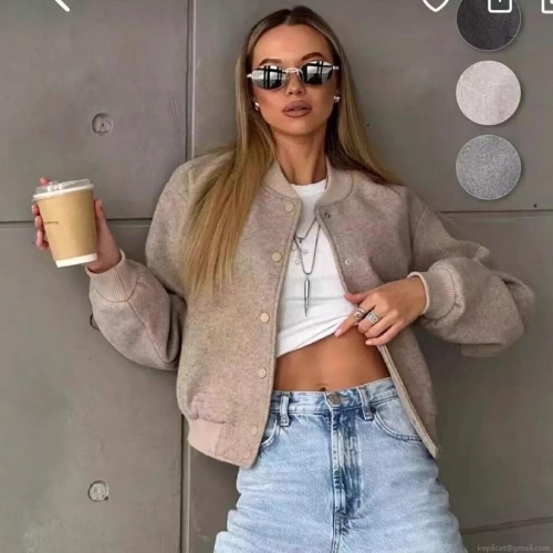 Women's Casual Tweed Bomber Jacket Short Outerwear Solid Color Long Sleeve Button Down Coat With Ribbed Trim For Autumn Winter