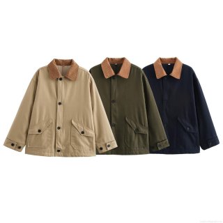 Women's Loose Canvas Texture Jacket With Corduroy Contrast Lapel Vintage Utility Workwear Coat Long Sleeve Zip Up Outerwear For Casual Daily Wear
