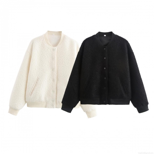 Women's Casual Lamb Fleece Baseball Jacket Warm Long Sleeve Loose Bomber Coat Fashion Streetwear With Snap Buttons Ribbed Trim For Autumn Winter