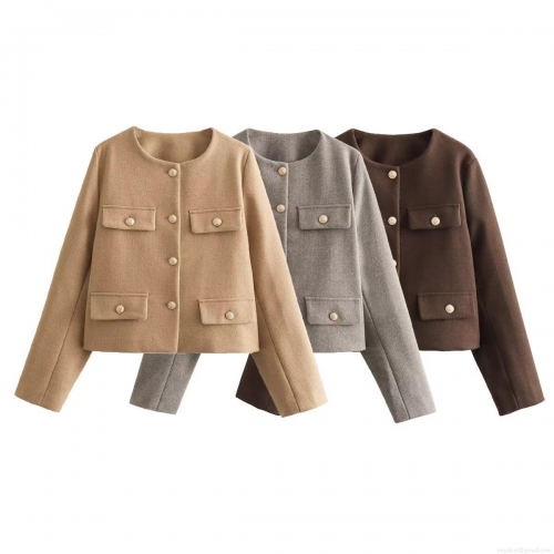 Women's Elegant Tweed Style Short Jacket With Gold Metal Buttons And Four Pockets Polyester Long Sleeve Round Neck Outerwear For Autumn Spring Daily Commute Office