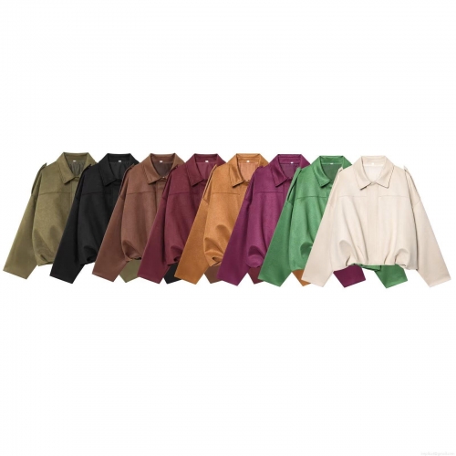 Women's Faux Suede Bomber Jacket Loose Fit Lapel Long Sleeve Coat With Epaulets Vintage Casual Short Outwear Solid Color For Daily Streetwear