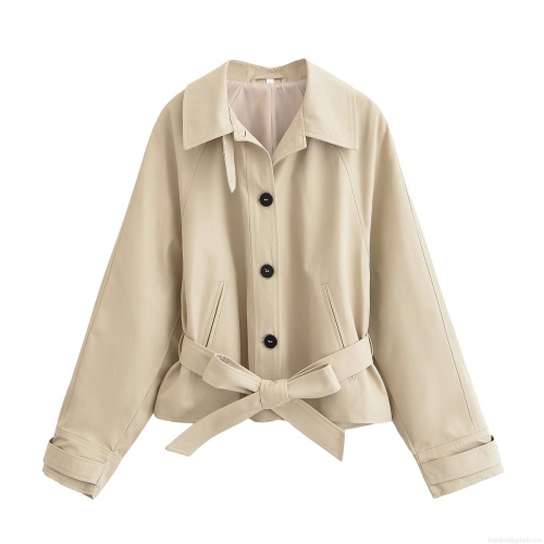 Women's Short Trench Coat Elegant Lapel Single Breasted Jacket With Belt Solid Color Polyester Spring Autumn Windbreaker Outerwear For Lady